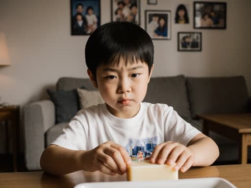 귀엽고 사랑스러운 외모의 3세 동양인 남아가 편안한 티셔츠와 반바지를 입고, 식탁 위의 비누를 바라보며 손을 씻으려는 자세를 취한 반신 촬영 사진. 아늑한 거실 배경에는 가족 사진과 소파가 있어 따뜻하고 초대하는 분위기를 연출하고 있습니다.