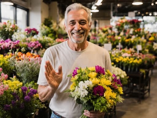 50대의 친근한 라틴계 남성이 편안한 티셔츠와 청바지를 입고 자연스러운 미소를 지으며 꽃다발을 들고 인사하는 모습의 반신 사진입니다. 배경은 아름다운 꽃들이 진열된 꽃가게 내부로, 초대하는 듯한 분위기를 더하고 있습니다.