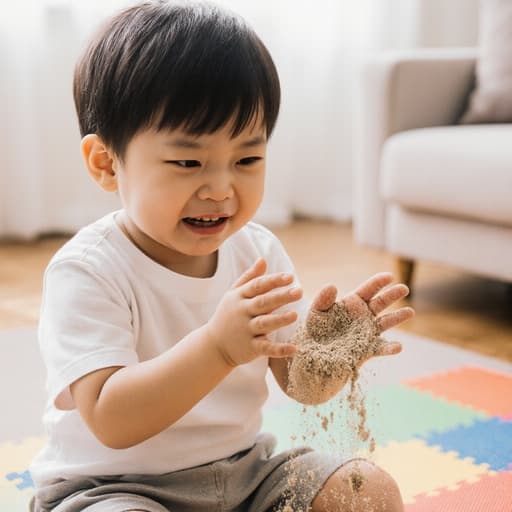 아늑한 거실에서 티셔츠와 반바지를 입은 귀여운 3세 동양인 남성의 반신 사진. 그는 모래를 만지며 누군가에게 인사하는 듯한 표정으로 약간의 불만스러운 기색을 보이고 있습니다. 밝은 환경이 장면의 따뜻함과 놀이의 즐거움을 강조합니다.