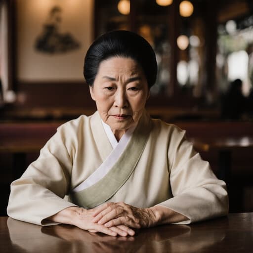 70대 동양인 여성의 반신 사진으로, 자연스러운 아름다움을 드러냅니다. 부드러운 색상의 전통적인 한복을 입고 있으며, 문화적인 우아함을 보여줍니다. 걱정스러운 표정을 지으며 카페 테이블에 손을 올리고 아래를 바라보며 생각에 잠겨 있습니다. 아늑한 카페 내부가 배경으로, 전통 음악의 잔잔한 소리가 분위기를 더해주어 사색과 따뜻함이 느껴지는 전체적인 장면을 완성합니다.