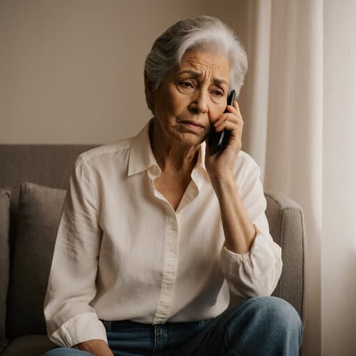 60대의 라틴계 여성의 반신 사진으로, 편안한 블라우스와 청바지를 입고 있습니다. 걱정스러운 표정을 지으며 전화를 귀에 대고 한 손으로는 턱을 짚고 있습니다. 부드러운 조명이 비치는 아늑한 실내 배경과 함께 이 장면이 펼쳐집니다.