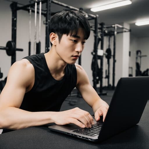 10대 초반의 동양인 남성이 운동복을 입고 스포츠 시설의 책상에 앉아 노트북으로 훈련 데이터를 열심히 분석하고 있는 모습. 그의 집중한 표정은 피트니스와 성능에 대한 열정을 잘 드러내고 있다.