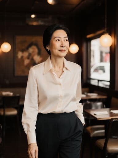 60대 아시아계 여성의 전신 사진으로, 그녀의 자연스러운 아름다움과 자신감을 보여줍니다. 고급스러운 블라우스와 정장 바지를 착용하여 세련된 스타일을 드러내고 있습니다. 모델은 아늑한 카페를 걸으며 주변을 살펴보고, 우아함과 호기심이 느껴지는 자세를 취하고 있습니다. 따뜻한 조명의 카페는 초대하는 분위기를 자아내며, 잘 배치된 테이블과 의자가 장면을 더욱 풍부하게 만들어 줍니다. 전체적인 구성은 그녀의 우아한 태도와 카페의 세련된 분위기를 강조합니다.