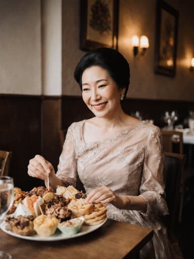 이 이미지는 50대 우아한 동양인 여성이 세련된 드레스를 입고 아늑한 카페에서 맛있는 파티 음식이 진열된 테이블에 앉아 있는 모습을 담고 있습니다. 그녀는 우아한 표정을 지으며 기분 좋은 분위기를 발산하며, 카페의 따뜻한 분위기와 잘 어우러지고 있습니다.