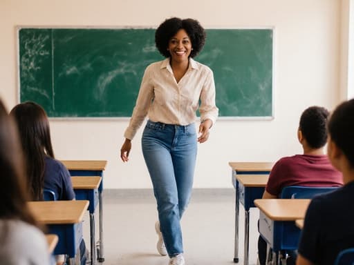 50대의 활기찬 아프리카계 여성의 반신 사진. 편안한 블라우스, 청바지, 운동화를 착용하고 있으며, 학생들에게 에너지 넘치게 다가가며 밝게 미소짓고 있습니다. 배경은 칠판과 책상이 보이는 밝고 아늑한 교실로, 학습 환경의 따뜻하고 초대하는 분위기를 더합니다.