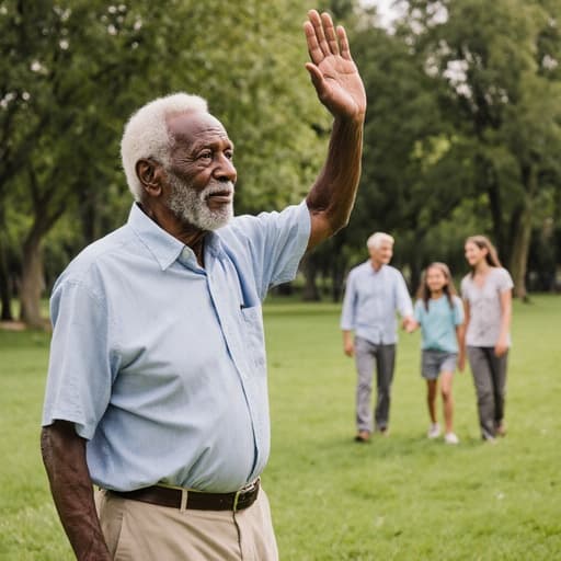 평화로운 공원에서 푸른 잔디와 나무들로 둘러싸인 80대 흑인 남성이 편안한 셔츠와 바지를 입고 가족을 향해 손을 흔들며 살짝 지루한 표정을 짓고 있는 반신 사진.