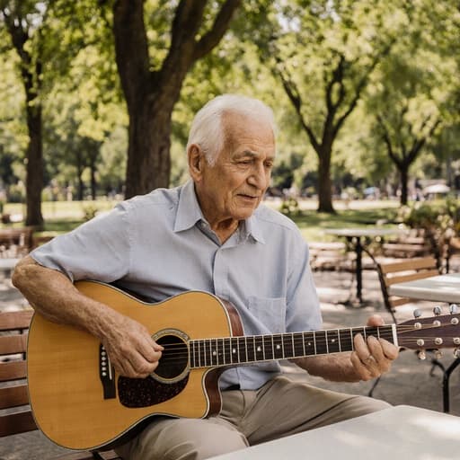 80대의 라틴계 남성이 자연스러운 외모를 가지고 편안하게 카페 테이블에 앉아 햇살이 비치는 공원에서 기타를 연주하고 있는 반신 사진. 주변은 푸르른 녹음과 벤치로 둘러싸여 있습니다.