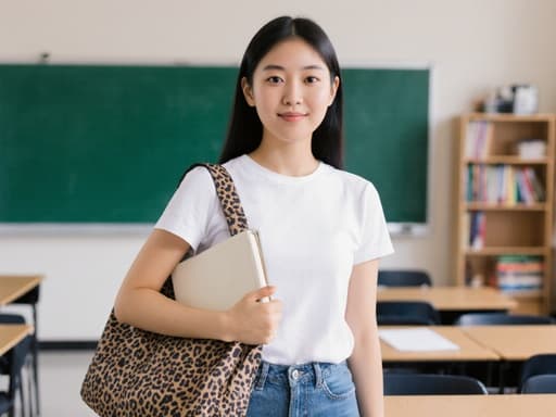 자신감 넘치는 10대 후반 아시아계 여성이 교실에서 세련된 캐주얼 티셔츠와 청바지를 입고, 한 손에 교과서를 들고 다른 어깨에 스타일리시한 가방을 메고 있습니다. 책상과 칠판, 책장이 배치된 교육적인 분위기 속에서 밝고 긍정적인 에너지를 발산하고 있습니다.