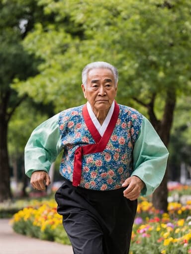 전통 한복을 입고 있는 70대 혼혈 남성이 푸른 나무와 꽃들이 있는 공원에서 달리고 있는 전신 사진입니다. 밝은 저고리가 어두운 바지와 대조를 이루며, 피곤한 표정은 전통 가치를 지키기 위한 노력의 일면을 보여줍니다. 균형을 잡기 위해 자연스럽게 흔들리는 그의 팔은 문화적 의미와 환경과의 연결을 나타냅니다.