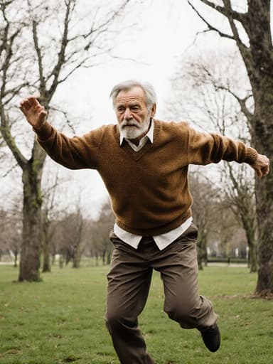 전통 의상을 입고 평화로운 공원에서 기쁘게 점프하는 80대 유럽 남성의 전신 사진, 고독한 표정을 지으며 푸른 잔디와 흔들리는 나무를 배경으로 한 감정적으로 복잡한 순간을 포착합니다.