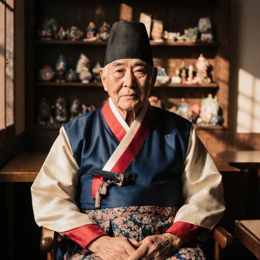 80대 아시아계 남성이 전통 한복을 입고 의자에 앉아 무관심한 표정을 짓고 있는 모습의 반신 사진으로, 전통 공예품이 가득한 아늑한 카페 내부에서 촬영된 이미지입니다.