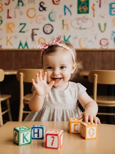 아기 의자와 장난감으로 둘러싸인 아늑한 카페의 내부에서 귀여운 원피스를 입고 리본이 달린 헤어밴드를 착용한 1살의 유럽계 여성 아기가 알파벳 블록을 가지고 놀며 사랑스러운 표정으로 웃고 있는 모습의 반신 촬영.