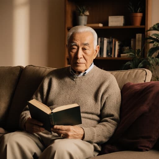 70대 동양인 남성이 아늑한 거실의 소파에 편안하게 앉아 있는 반신 사진입니다. 그는 부드러운 니트 스웨터와 편안한 면바지를 입고 있으며, 편안하면서도 깊은 생각에 잠긴 표정을 짓고 있습니다. 남성은 손에 책을 들고 천천히 읽고 있으며, 깊은 사색에 빠진 듯한 표정을 보이고 있습니다. 배경에는 책장과 화분이 있어 따뜻한 분위기를 더해줍니다.