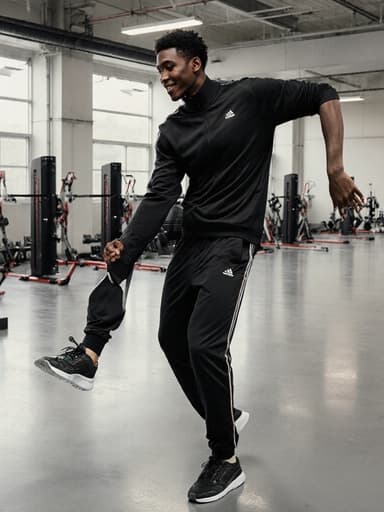 고급스러운 표정으로 자신감 넘치는 모습의 10대 후반 흑인 남성이 스타일리시한 운동복과 트레이닝 슈즈를 착용하고 넓은 체육관에서 유연하게 춤추고 있는 전신 사진.