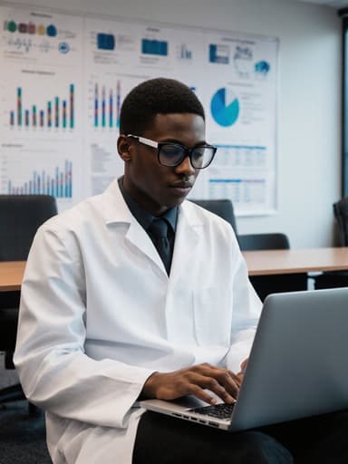 10대 후반 아프리카계 남성이 실험실 코트와 스마트 안경을 착용하고 현대적인 회의실 바닥에 앉아 노트북에 집중하고 있습니다. 차가운 표정은 과학적 집중력을 나타내며, 그의 뒤편에는 다양한 과학 그래프와 차트가 걸려 있어 혁신과 기술의 주제를 강조하고 있습니다.