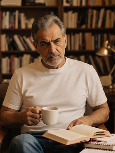 40대의 라틴계 남성이 편안한 티셔츠와 청바지를 입고, 한 손에는 커피를 들고 다른 손으로 책을 넘기며 생각에 잠긴 표정을 짓고 있습니다. 그의 찡그린 표정은 그를 둘러싼 아늑한 공부방에 있는 책과 노트들 속에서 깊이 있는 느낌을 더합니다.