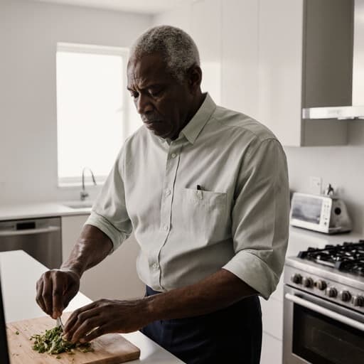 60대의 세련된 흑인 남성이 반신 촬영으로 포착되어 있으며, 편안한 셔츠와 바지를 입고 조리대에서 재료를 준비하면서 컴퓨터를 사용하고 있습니다. 배경은 깨끗하고 현대적인 주방을 보여주며, 그의 세련된 표정과 잘 어울리는 따뜻한 분위기를 만들어냅니다.