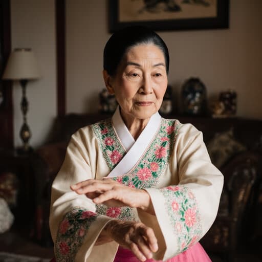 전통 한복을 입은 70대 동양인 여성이 아늑한 거실에서 전통 춤 자세로 우아하게 포즈를 취하고 있으며, 화려한 자수와 부드러운 색감이 특징입니다. 피곤한 표정 속에서도 자부심이 느껴집니다.