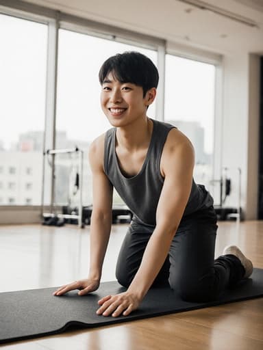 세련된 운동복을 입은 10대 초반의 동양인 남성이 반신샷으로 촬영되어 미소를 지으며 필라테스 매트를 바닥에 펼치고 운동을 준비하고 있습니다. 밝고 현대적인 필라테스 센터의 내부가 에너지를 주는 배경을 제공하며, 건강과 운동에 대한 집중을 강조합니다.