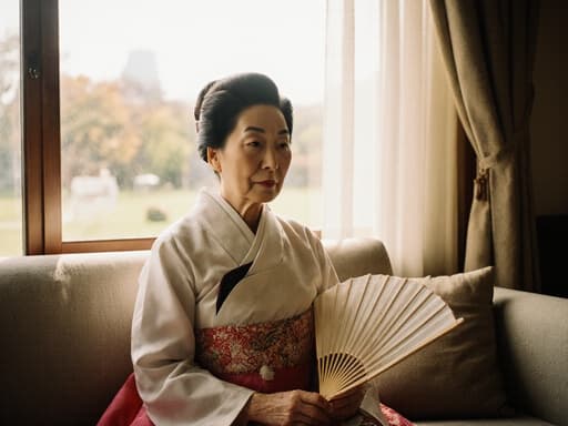 이 이미지는 전통 한복을 입은 70대 한국인 여성이 팬을 들고 외로움을 표현하며 편안한 소파에 앉아 있는 모습을 담고 있습니다. 창 밖에는 따뜻한 햇살이 비치는 공원이 보이며, 고요한 분위기를 자아냅니다.
