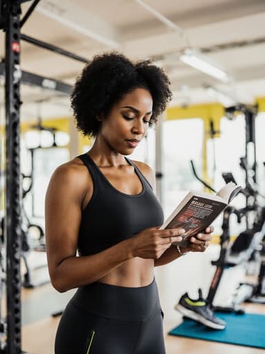 40대의 아프리카계 여성 모델이 자신감과 집중력을 드러내며 반신 샷으로 포착되었습니다. 그녀는 세련되면서도 캐주얼한 스포츠 의류와 운동화를 착용하고 있어 편안함과 패션을 완벽하게 조화시키고 있습니다. 모델은 스포츠 관련 서적을 읽으며 몰두한 자세를 취하고 있어 집중력을 강조합니다. 배경은 다양한 운동 기구가 있는 밝고 활기찬 스포츠 센터의 훈련 공간으로, 장면의 에너제틱한 분위기를 한층 더해줍니다.