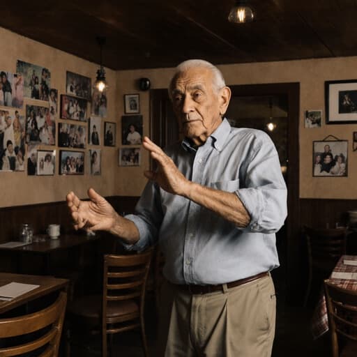 아늑한 카페에서 가족과 함께 즐겁게 춤추고 있는 80대 라틴계 남성의 반신 샷. 편안한 셔츠와 바지를 입고 있으며, 약간 무관심한 표정을 짓고 있다. 가족 사진들이 담긴 벽이 이 장면의 따뜻한 분위기를 더해주고 있다.