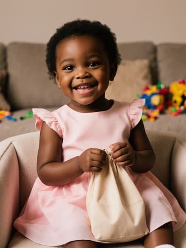 1세의 흑인 여성 아기가 분홍색 원피스와 하얀 양말을 착용하고 행복하게 미소 지으며 소파와 장난감이 있는 아늑한 거실에 앉아 작은 가방을 들고 있는 모습의 반신 사진.