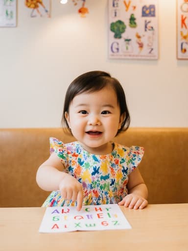 밝고 아늑한 카페 테이블에 앉아 컬러풀한 원피스를 입고 순수한 미소를 지으며 알파벳 카드에 손가락을 가리키고 있는 1세 한국인 아기 소녀의 반신 사진.