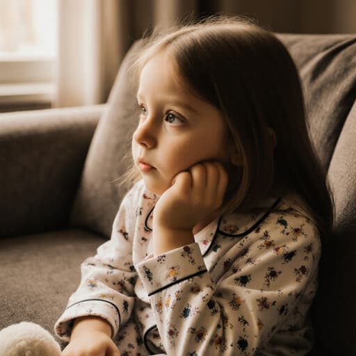 아침 햇살이 비치는 아늑한 거실에서 편안한 소파에 앉아 있는 7세 유럽계 여성의 반신 사진입니다. 귀여운 외모의 그녀는 편안한 파자마와 슬리퍼를 착용하고 손으로 턱을 괴고 조금 지루한 표정을 짓고 있습니다. 따뜻한 아침 햇살이 창문을 통해 들어와 방의 아늑한 분위기를 비추고 있으며, 그녀의 자연스러운 자세와 의상은 평화로운 환경에서 편안함과 순수함을 반영하고 있습니다.