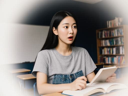 어두운 색상의 학원 교실에 앉아 있는 20대 아시아계 여성 모델이 놀란 표정으로 책을 읽고 있습니다. 캐주얼한 티셔츠와 청바지를 착용하고 있으며, 눈을 크게 뜨고 입을 약간 벌린 모습이 놀라움을 반영하고 있습니다. 배경은 화이트보드와 책장이 있는 어두운 색상의 교실로, 학문적인 분위기를 만들어냅니다.