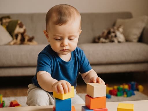 아늑한 거실에서 파란색 티셔츠와 면바지를 입고 있는 1세 백인 남성 아기가 반쯤 감은 눈으로 졸린 표정을 지으며 테이블 위의 블록을 쌓으려 하고 있습니다. 소파와 장난감이 널려 있는 따뜻하고 초대하는 분위기의 공간에서 어린 시절의 순수함을 보여주고 있습니다.