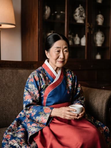 70대 한국인 여성이 화사한 전통 한복을 입고 소파에 앉아 찻잔을 들고 피곤하지만 따뜻한 표정을 짓고 있는 모습, 아늑한 거실과 전통 장식품들이 어우러져 있습니다.