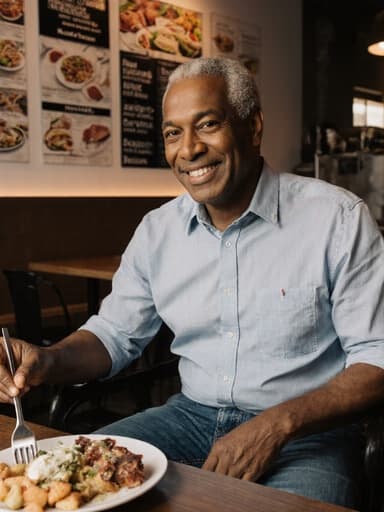 자연스러운 외모를 지닌 50대 혼혈 남성이 자신감 넘치는 표정을 지으며 따뜻한 미소를 짓고 있는 반신 사진입니다. 그는 편안한 캐주얼 셔츠와 청바지를 착용하고 있으며, 아늑한 카페의 테이블 위의 맛있는 음식을 즐기기 위해 손에 포크를 들고 있습니다. 배경은 부드러운 조명과 다양한 음식 메뉴가 있는 매력적인 카페 내부로, 초대하는 분위기를 만들어냅니다.