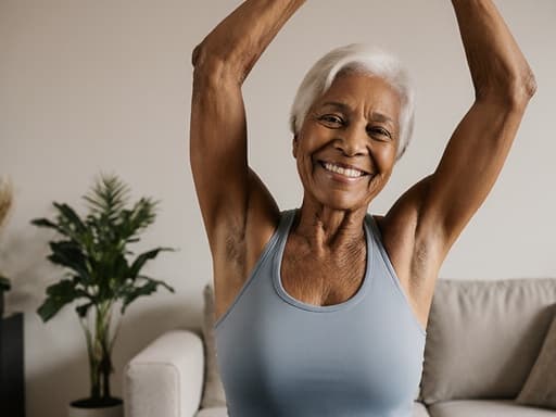 70대의 혼혈 여성이 편안한 운동복을 입고 아늑한 거실에서 몸을 스트레칭하며 따뜻한 미소를 짓고 있는 반신 샷을 담았습니다. 식물과 소파가 있는 공간에서 평화롭고 건강한 느낌을 전합니다.