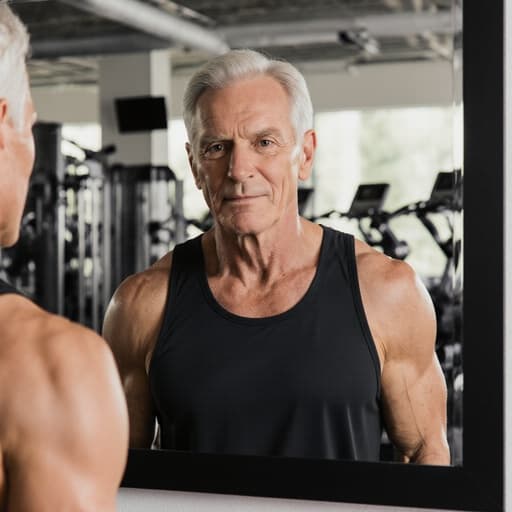 건강하고 활기찬 50대 백인 남성이 현대적인 스포츠 센터에서 다양한 운동 기구가 배치된 배경 속에서 스포츠 트레이닝복을 착용하고 거울을 보며 자신을 점검하는 모습입니다. 그의 표정은 자유롭고 자신감 넘치며, 피트니스와 동기 부여의 분위기를 만들어냅니다.