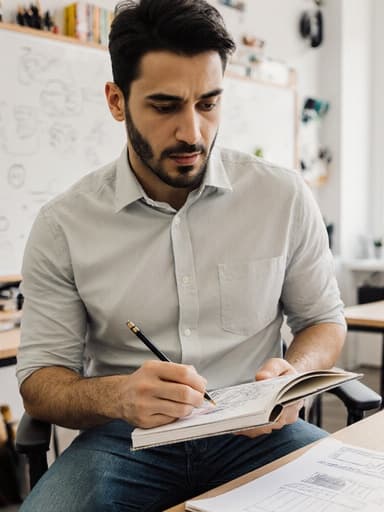 30대 라틴계 남성이 자연스러운 외모를 가지고 있는 반신 촬영. 그는 편안한 캐주얼 셔츠와 청바지를 입고 디자인 아이디어에 몰두하며 스케치북을 들고 있습니다. 배경은 화이트보드와 디자인 도구가 있는 현대적인 디자인 사무실로 창의성과 혁신을 반영합니다.