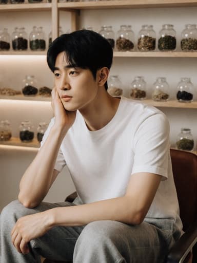 편안한 티셔츠와 조거 팬츠를 입은 혼혈 남성 10대 후반의 반신 사진, 전통 한의원에서 턱을 괴고 고민에 잠긴 모습으로 앉아 있으며, 한약재가 진열된 선반이 배경에 있어 상담의 순간을 담고 있습니다.