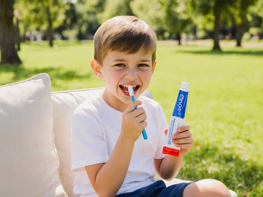 밝은 공원에서 소파에 앉아 있는 7세 유럽계 남자아이가 편안한 티셔츠와 반바지를 입고, 치약과 칫솔을 들고 장난스러운 미소를 짓고 있는 반신 사진. 배경은 생생한 녹색 잔디와 나무들로 가득 차 있어 활기차고 즐거운 분위기를 만들어냅니다.