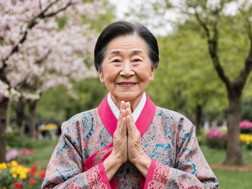 80대의 유럽계 여성이 전통적인 한국 의상을 입고, 고마워하는 표정을 지으며 두 손을 가슴 앞에 모아 인사하는 자세를 취하고 있는 모습의 반신 사진으로, 아름다운 공원 배경에 나무와 꽃들이 만개해 있습니다.