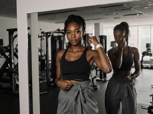 20대 아프리카계 여성의 반신 사진으로, 편안한 운동복과 스니커즈를 착용하고 거울 앞에서 옷을 조정하는 모습입니다. 현대적인 피트니스 스튜디오 배경에 다양한 운동 기구가 배치되어 있으며, 그녀의 활기차고 자신감 넘치는 표정이 잘 드러나 있습니다.