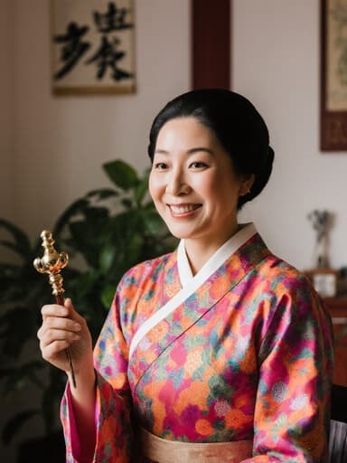 40대 아시아계 여성이 밝은 색상의 전통 한복을 입고, 따뜻하게 웃으며 한의 진단 도구를 들고 환자에게 설명하는 모습의 반신 사진. 아늑한 한의원 상담실에는 전통 소품과 식물이 배치되어 있어 따뜻한 분위기를 연출하고 있습니다.