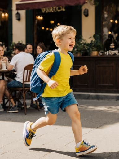 사랑스러운 외모의 7세 유럽계 남자아이가 아늑한 카페 테라스에서 가방을 메고 즐겁게 달리는 모습의 반신 촬영입니다. 밝은 색상의 티셔츠와 반바지, 운동화를 착용하고, 사랑스러운 미소로 행복을 표현하며 활기찬 분위기 속에 있습니다.