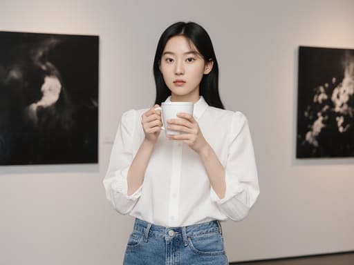 20대 한국인 여성이 심플한 화이트 블라우스와 청바지를 입고 현대적인 전시 공간에서 커피컵을 양손으로 잡고 즐기는 모습입니다. 무표정의 그녀는 예술적인 환경 속에서 캐주얼한 우아함을 반영하는 자세를 취하고 있습니다.