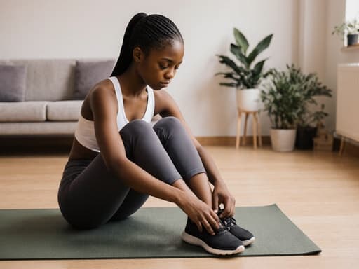 10대 초반의 아프리카계 소녀가 요가 매트 위에 앉아 신발을 신으며 긴장한 표정을 짓고 요가 수업을 준비하고 있습니다. 그녀는 세련되고 편안한 요가복을 입고 있으며, 부드러운 조명과 푸른 식물들이 있는 아늑한 요가 스튜디오에 둘러싸여 있습니다.