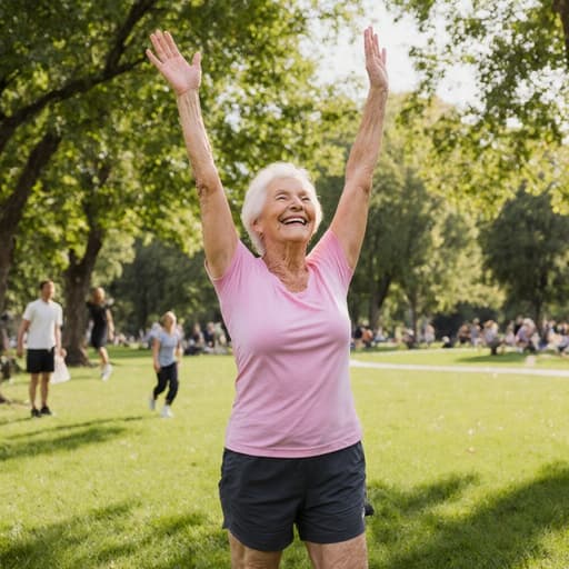 운동복을 입고 밝은 미소를 지으며 팔을 위로 뻗고 있는 70대 백인 여성이 푸른 잔디와 나무들이 있는 공원에서 건강과 행복을 상징하며 가족 친화적인 분위기 속에 있습니다.