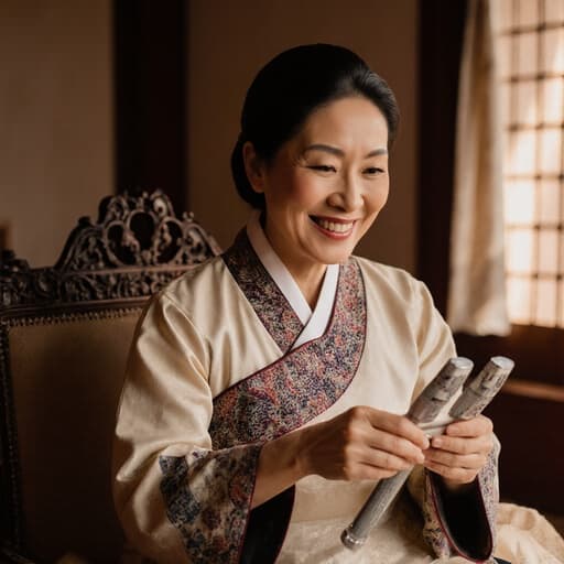 40대 혼혈 여성이 전통 의상을 입고 전통적인 한옥 내부에 앉아 체질 분석 도구를 사용하고 있습니다. 긍정적인 표정이 따뜻함을 전달하며, 따뜻한 조명과 고풍스러운 가구가 어우러져 초대하는 분위기를 만들어냅니다.