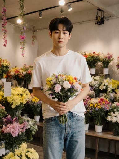 자연스러운 외모를 가진 10대 후반의 한국인 남성이 캐주얼한 티셔츠와 청바지를 입고 꽃다발을 들고 점프하는 모습이 전체 샷으로 포착되었습니다. 배경은 아름답게 꾸며진 꽃가게로, 다양한 꽃들이 진열되어 있습니다. 그의 표정은 약간 지루해 보이지만, 생동감 넘치는 장면에 유머를 더하고 있습니다.