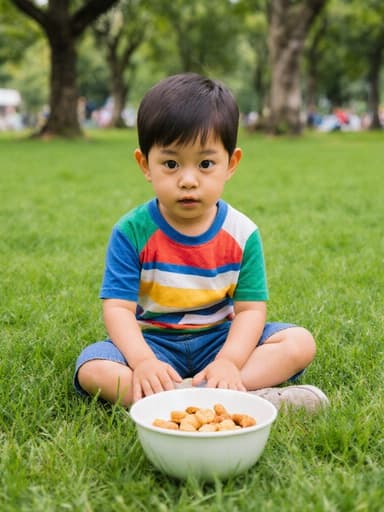 푸른 잔디 위에 앉아 있는 귀여운 3세 아시아계 남자아이의 반신 샷입니다. 그는 배고픈 표정으로 간식이 담긴 작은 그릇을 바라보며 캐주얼한 티셔츠와 반바지를 입고 있습니다. 배경은 푸른 잔디와 나무들로 가득 차 있어 장난기 가득한 분위기를 연출합니다.
