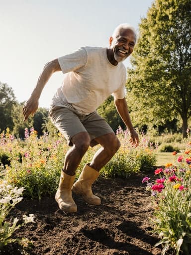 햇살이 비치는 공원에서 꽃을 심으며 점프하고 있는 80대 흑인 남성이 보입니다. 그는 편안한 티셔츠와 반바지, 정원 가꾸기에 적합한 작업용 장화를 신고 있으며, 따뜻한 미소로 행복한 감정을 표현하고 있습니다. 주변은 다양한 꽃과 나무로 가득 차 있습니다.
