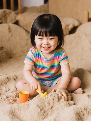 사랑스러운 외모의 3세 아시아계 여성의 반신 촬영으로, 모래놀이 도구를 사용하며 즐거워하며 웃고 있는 모습입니다. 그녀는 밝은 색상의 티셔츠와 반바지를 입고 있으며, 놀기 좋은 하루에 완벽하게 어울립니다. 배경에는 아늑한 카페 내의 모래 어린이 놀이 공간이 있어 따뜻하고 초대하는 분위기를 자아냅니다.